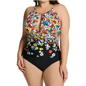 Anne Cole Plus Size Flower Field Keyhole High Neck Swimsuit Black/White 18W